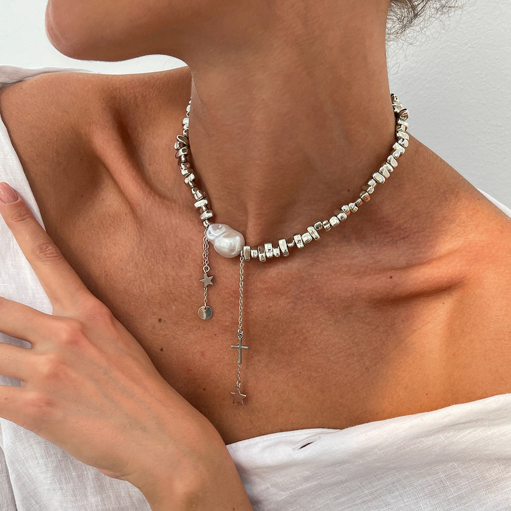Minimalist Irregular Beaded Star Cross Tassel NeckLace image 1