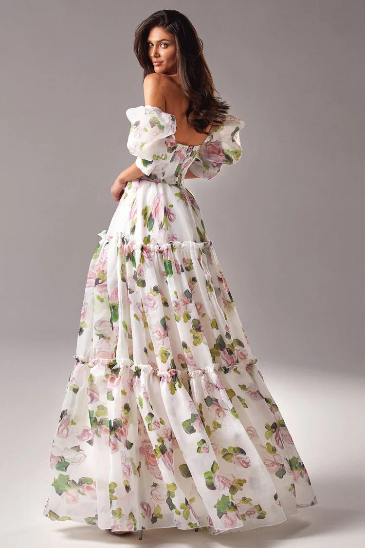Floral Print Off Shoulder Puff Sleeve Organza Maxi Dress image 2