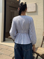 Elegant Stripe Long Sleeve Tie Blouse image 4
