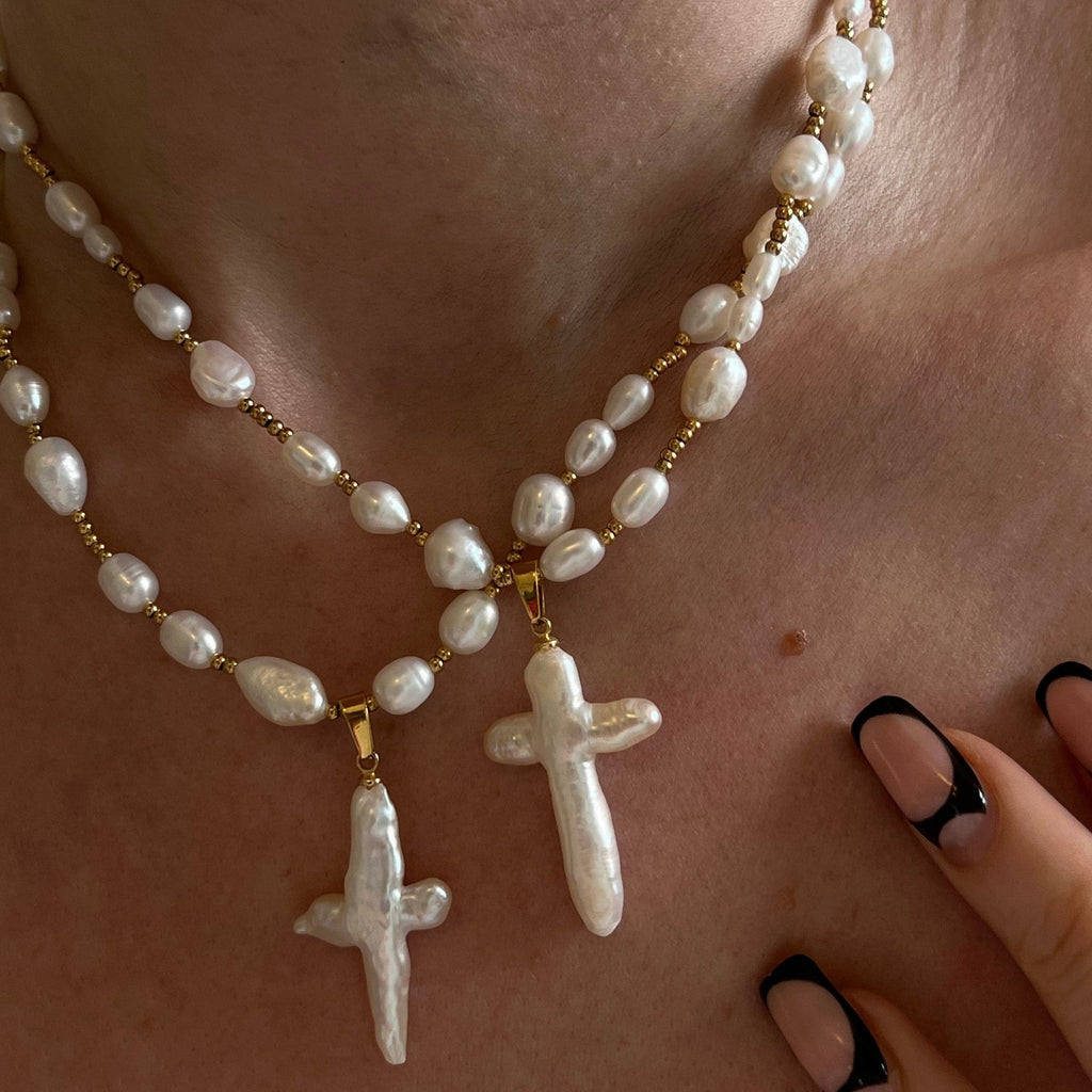 Vintage Baroque Cross Pearl NeckLace image 1