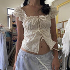 Lace Trim Tie Ruffle Tank Top image 4