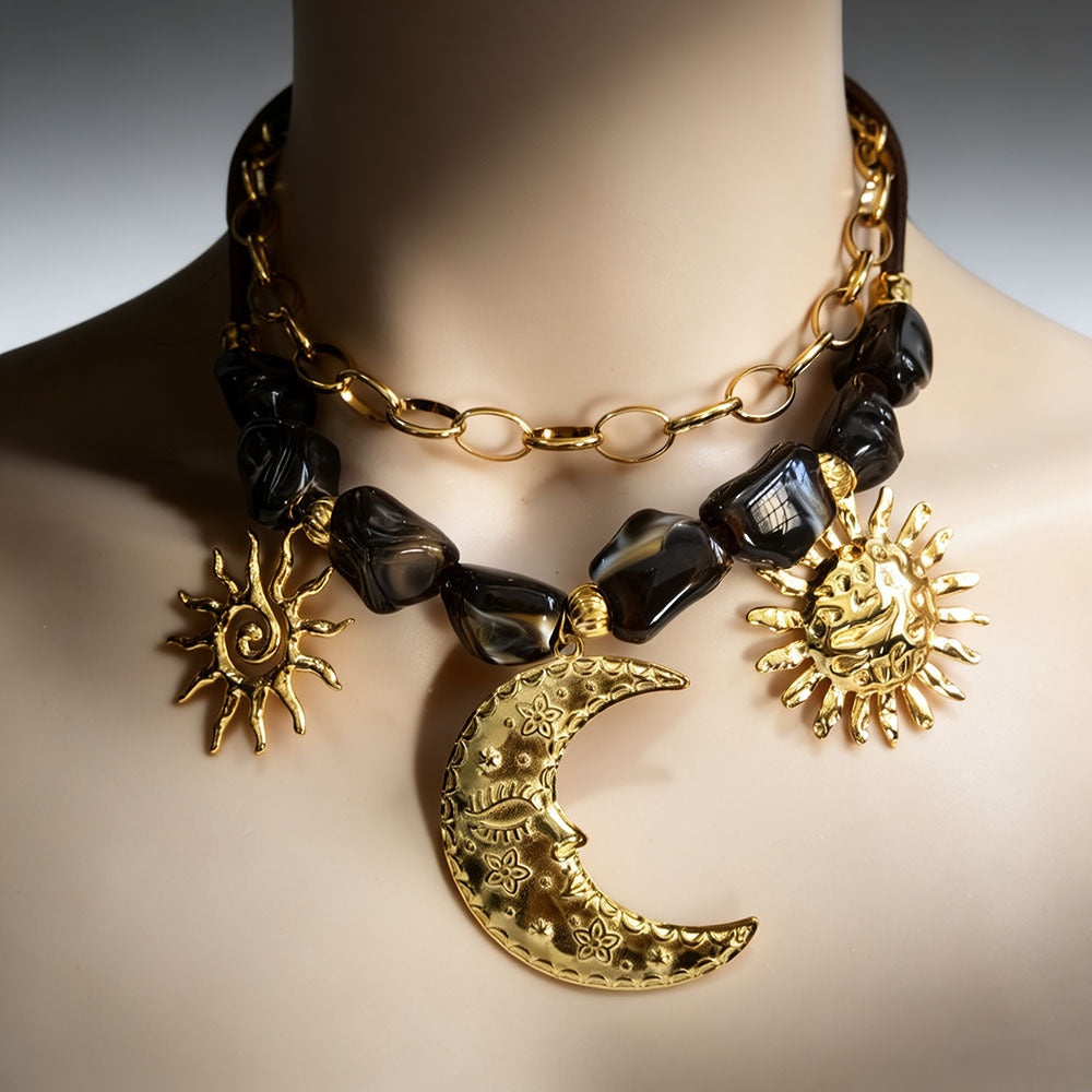Sun Moon Stainless Steel Resin Beaded NeckLace image 1