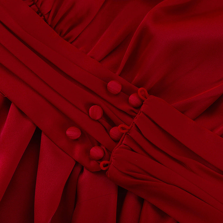 Ruched Puff Sleeve V Neck Waist Belt Satin A Line Mini Dress image 6