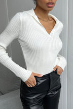 Polo Neck Fitted Ribbed Knit Sweater image 5