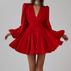 Ruched Puff Sleeve V Neck Waist Belt Satin A Line Mini Dress image 2