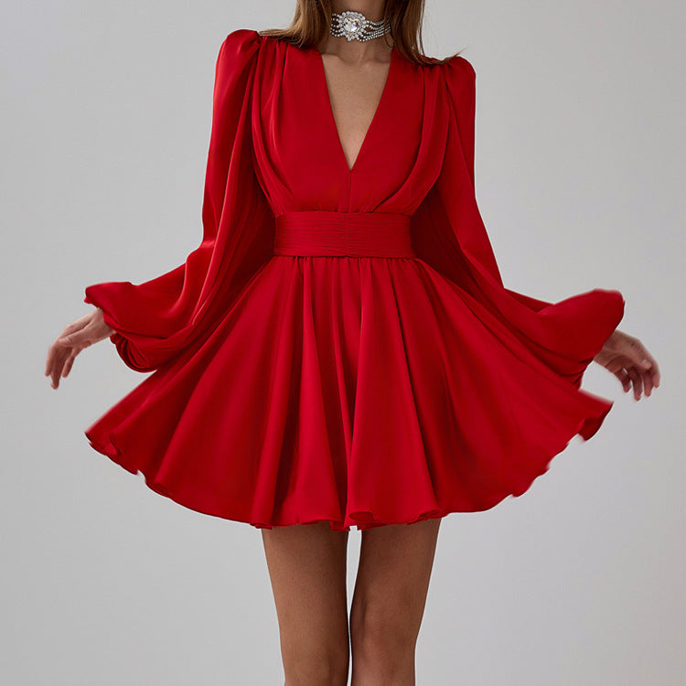 Ruched Puff Sleeve V Neck Waist Belt Satin A Line Mini Dress image 2