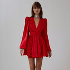 Ruched Puff Sleeve V Neck Waist Belt Satin A Line Mini Dress image 5