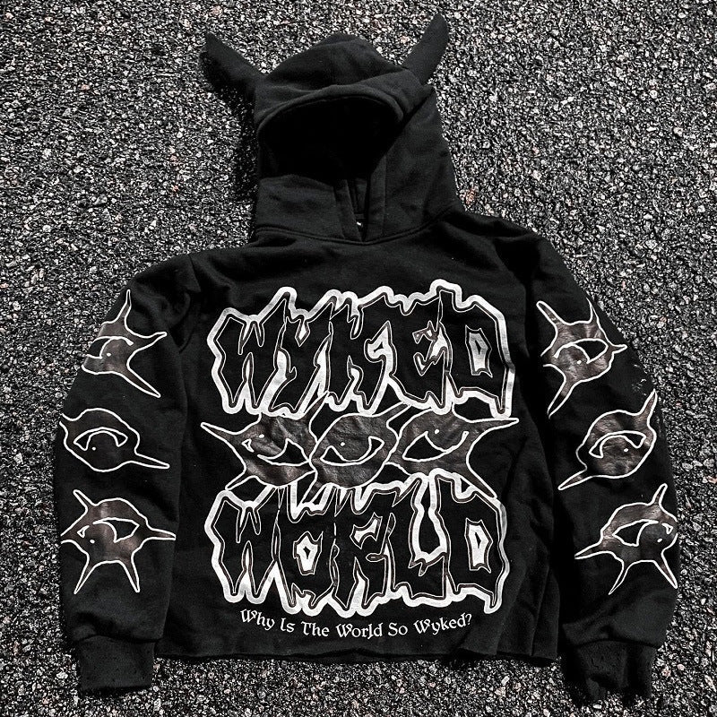 Y2K Chic Street Print Devil Horn Hoodie image 1