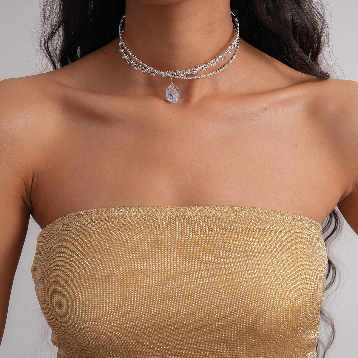 Zircon Rhinestone Waterdrop Crisscross Double Layer NeckLace image 3