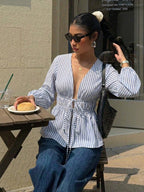 Elegant Stripe Long Sleeve Tie Blouse image 3