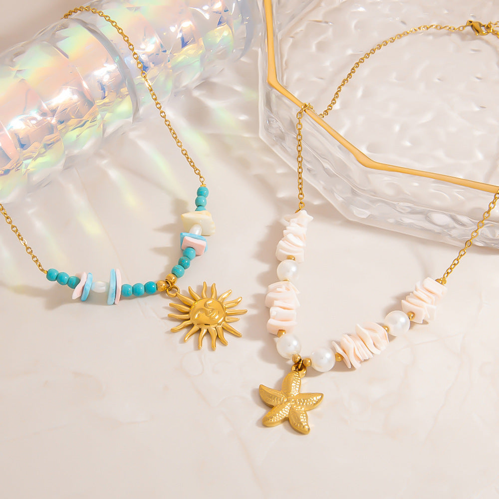 Stainless Steel Natural Stone Pearl Starfish Sun NeckLace image 2