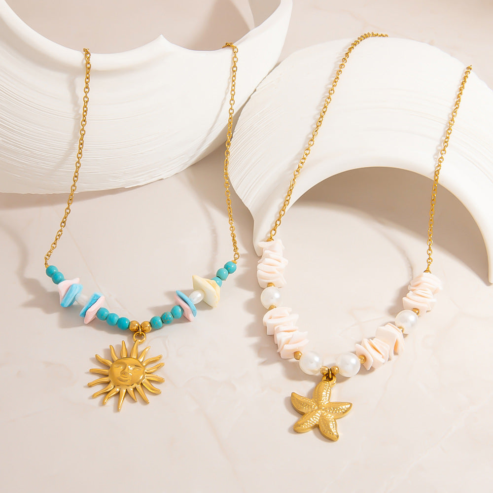Stainless Steel Natural Stone Pearl Starfish Sun NeckLace image 3
