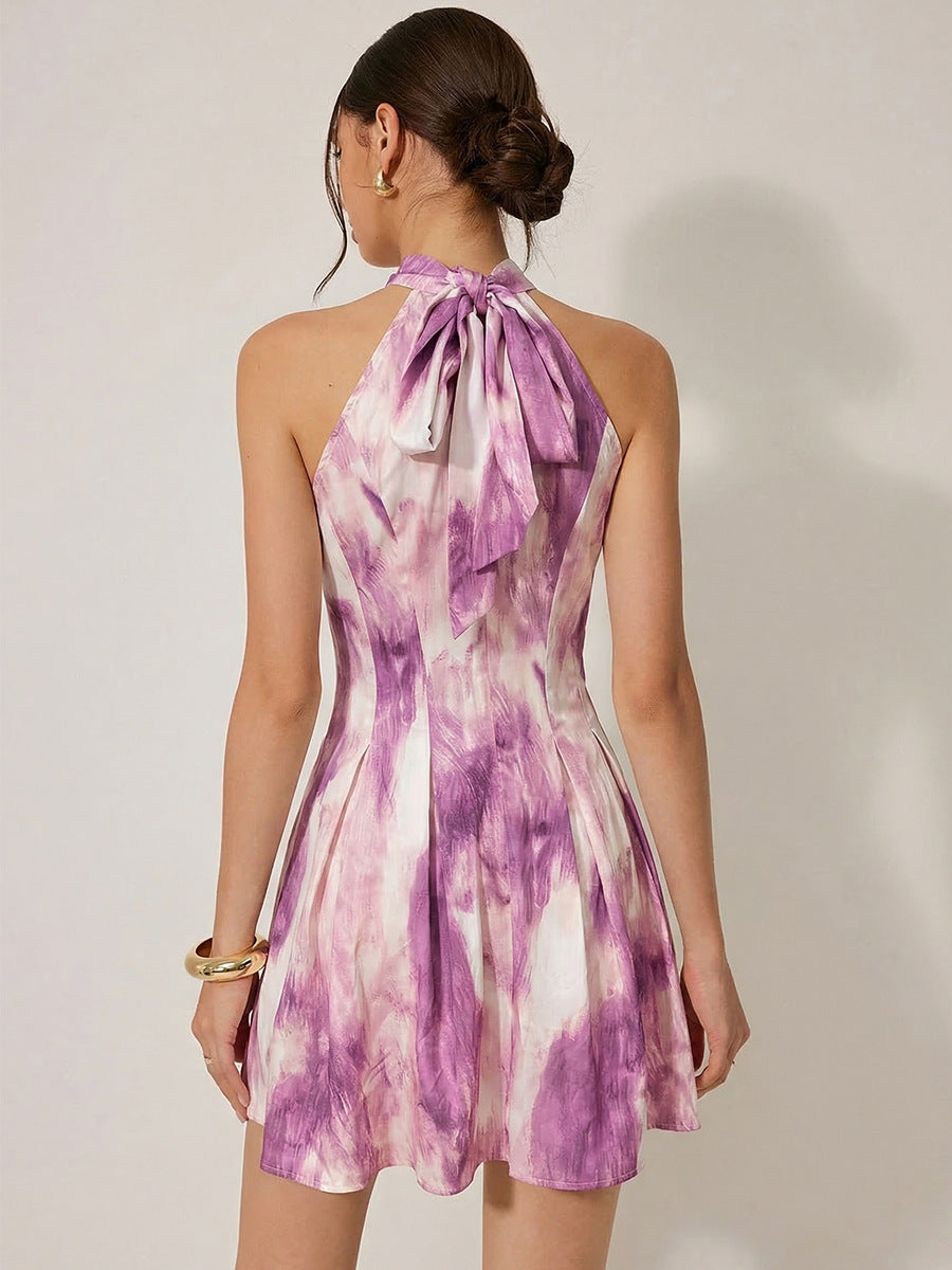 Halter Neck A Line Flowy Sleeveless Mini Dress image 3