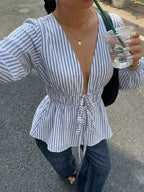 Elegant Stripe Long Sleeve Tie Blouse image 5