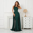 Green Off Shoulder Tassel Sequin Evening Dress Sexy Cross Back Party Dress image 1