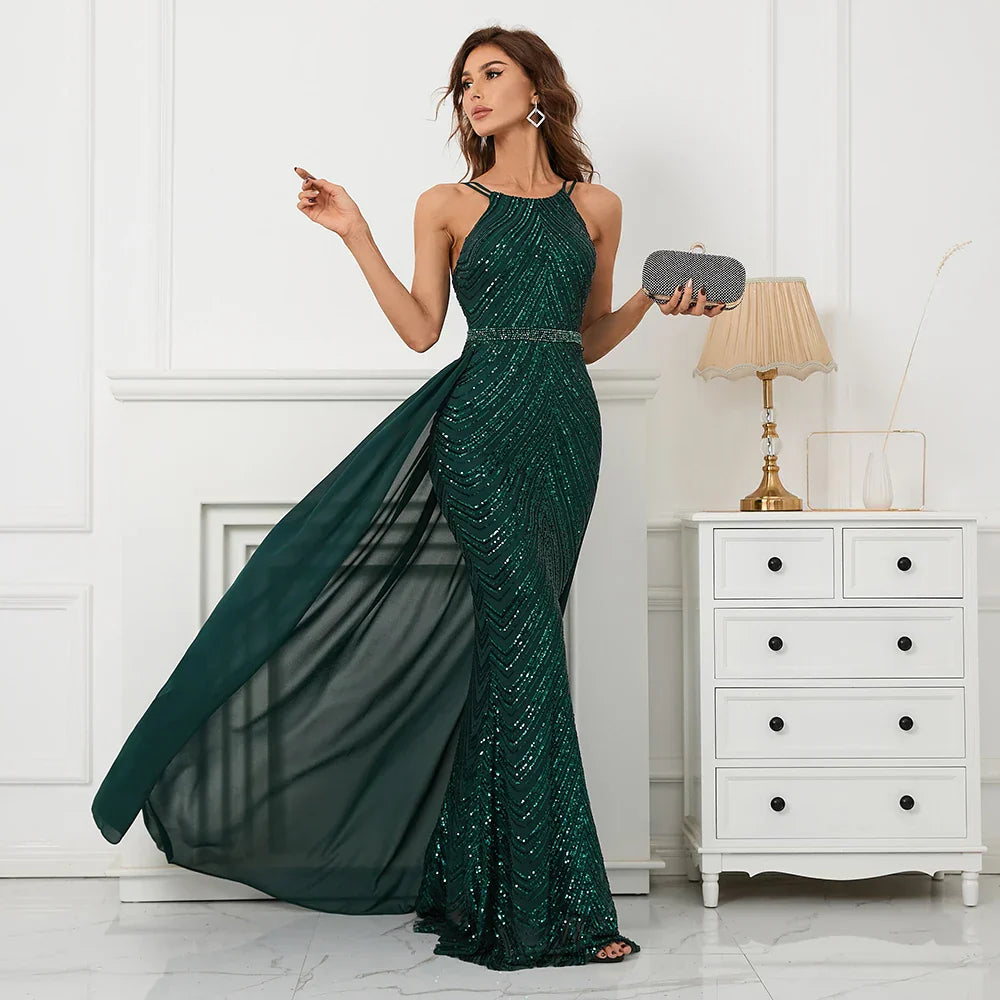 Green Off Shoulder Tassel Sequin Evening Dress Sexy Cross Back Party Dress image 4