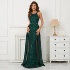 Green Off Shoulder Tassel Sequin Evening Dress Sexy Cross Back Party Dress image 3