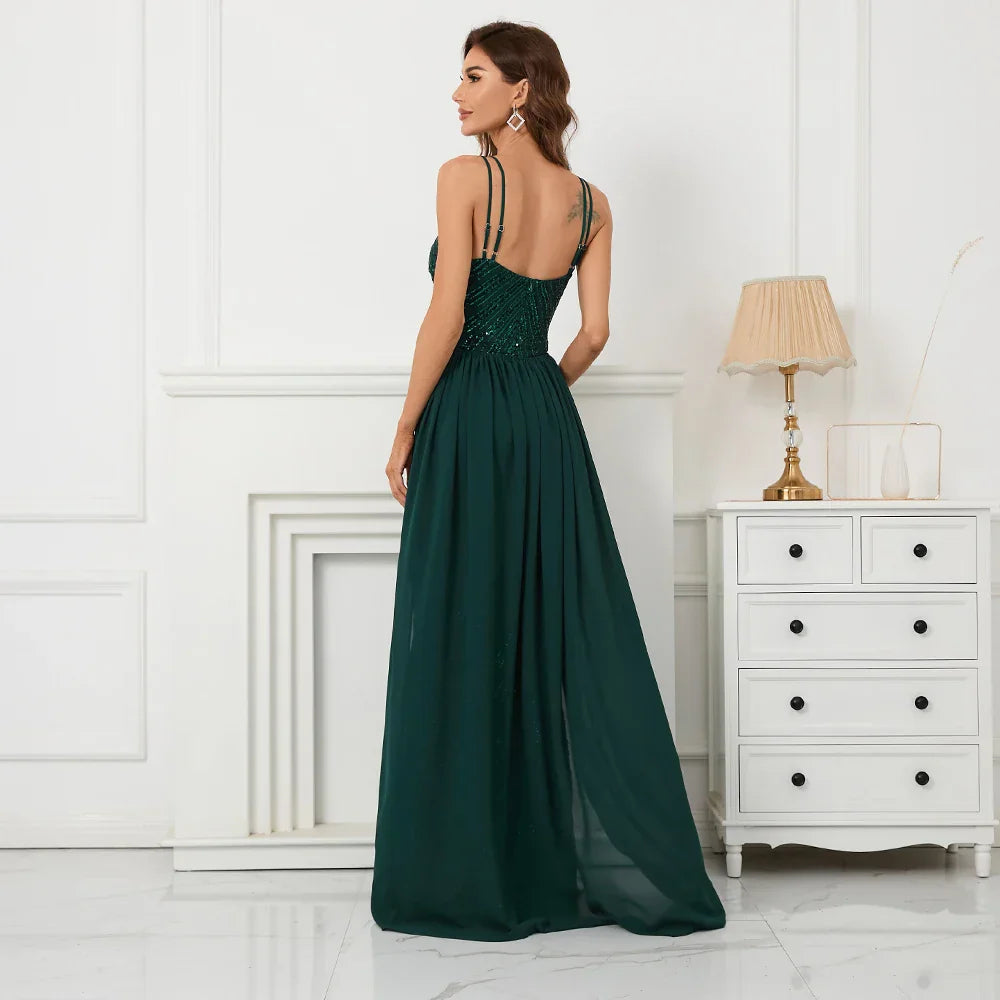 Green Off Shoulder Tassel Sequin Evening Dress Sexy Cross Back Party Dress image 2