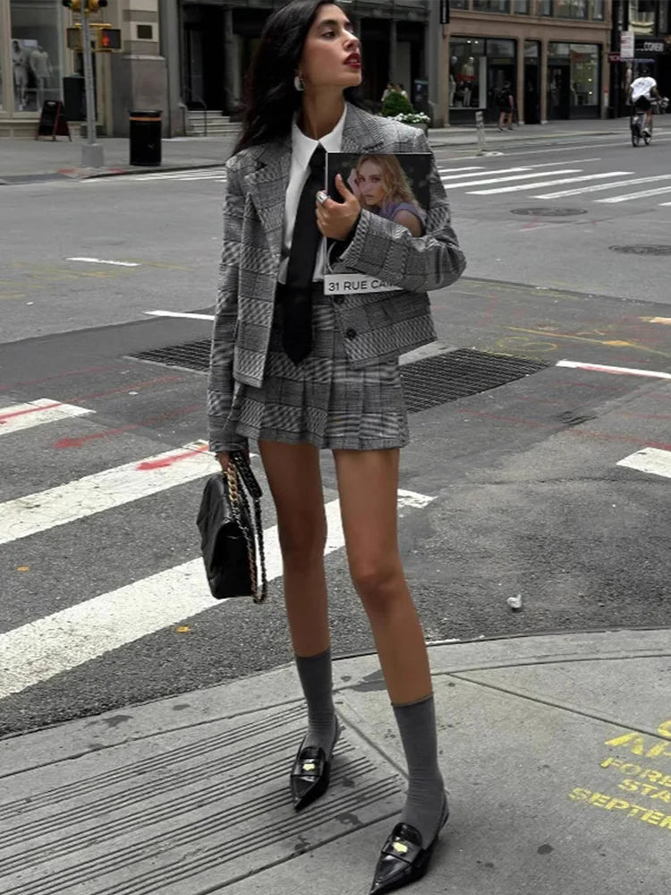 Retro Plaid Pleated Lapel Office Two Piece Set image 2