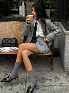 Retro Plaid Pleated Lapel Office Two Piece Set image 1