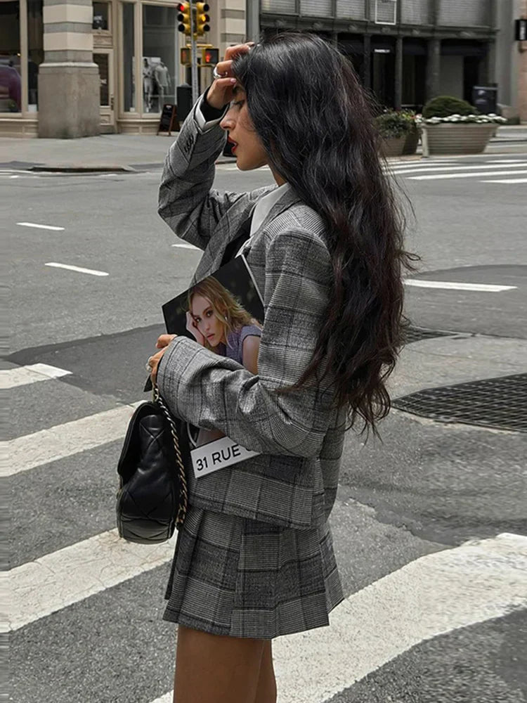 Retro Plaid Pleated Lapel Office Two Piece Set image 3