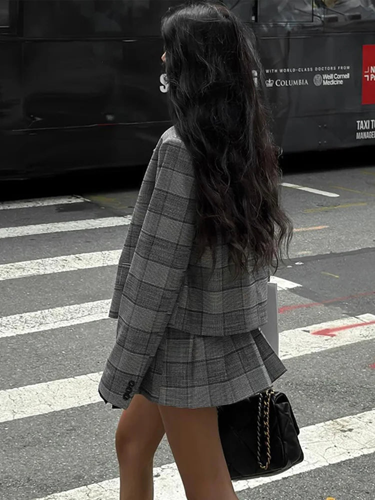 Retro Plaid Pleated Lapel Office Two Piece Set image 4
