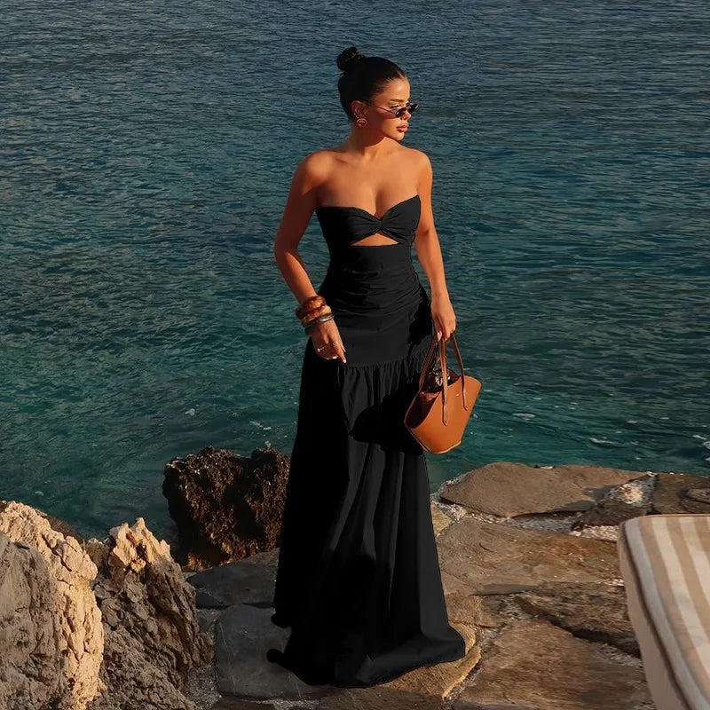 Mesh Strapless Hollow Colorblock Maxi Dress image 7