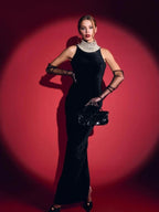 Sexy Black Velvet Halter Neck Pearl Chain Long Dress Maxi Party Dress image 1