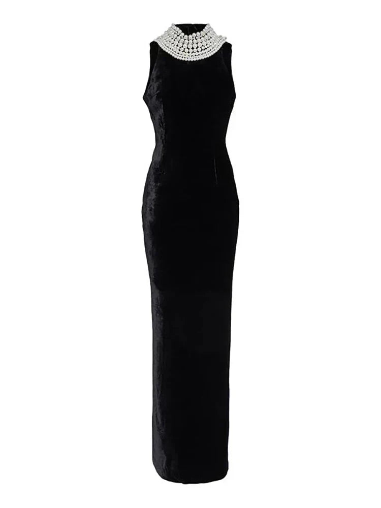 Sexy Black Velvet Halter Neck Pearl Chain Long Dress Maxi Party Dress image 7