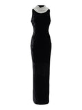 Sexy Black Velvet Halter Neck Pearl Chain Long Dress Maxi Party Dress image 7