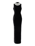 Sexy Black Velvet Halter Neck Pearl Chain Long Dress Maxi Party Dress image 7
