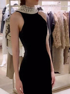 Sexy Black Velvet Halter Neck Pearl Chain Long Dress Maxi Party Dress image 5