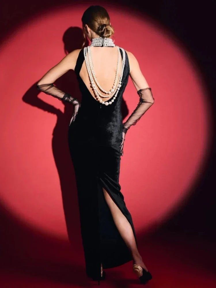 Sexy Black Velvet Halter Neck Pearl Chain Long Dress Maxi Party Dress image 2