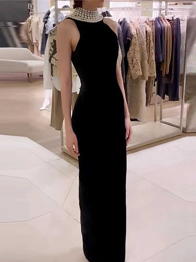 Sexy Black Velvet Halter Neck Pearl Chain Long Dress Maxi Party Dress image 4