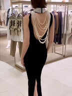 Sexy Black Velvet Halter Neck Pearl Chain Long Dress Maxi Party Dress image 6