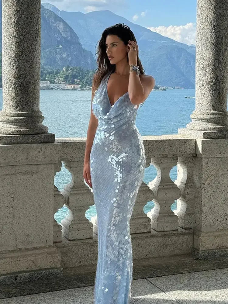 Sexy Glitter Sequinned Women's Backless Maxi Chic Halter Party Dress image 1