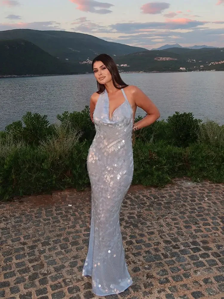 Sexy Glitter Sequinned Women's Backless Maxi Chic Halter Party Dress image 3