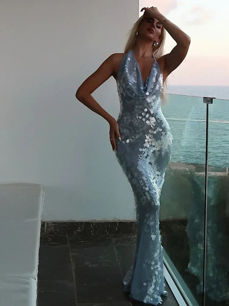 Sexy Glitter Sequinned Women's Backless Maxi Chic Halter Party Dress image 6