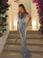 Sexy Glitter Sequinned Women's Backless Maxi Chic Halter Party Dress image 4