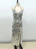 Sexy Halter Lace-up V Neck Shiny Sequins Backless Silver Party Dress image 7