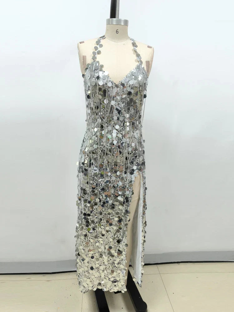 Sexy Halter Lace-up V Neck Shiny Sequins Backless Silver Party Dress image 7