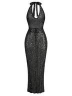 Sexy Halter Neck Lace-up Sparkly Sequins Silver Black Backless Party Dress image 7