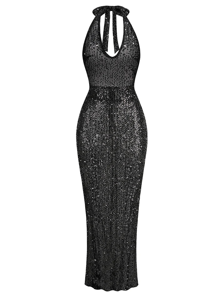 Sexy Halter Neck Lace-up Sparkly Sequins Silver Black Backless Party Dress image 7