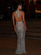 Sexy Halter Neck Lace-up Sparkly Sequins Silver Black Backless Party Dress image 2