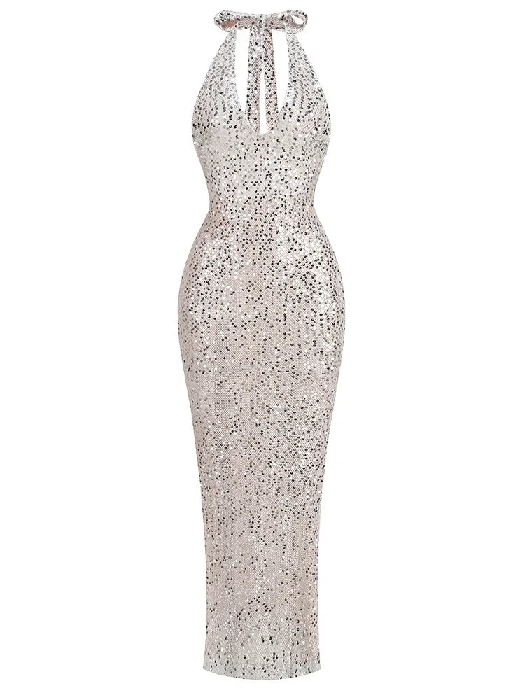 Sexy Halter Neck Lace-up Sparkly Sequins Silver Black Backless Party Dress image 8