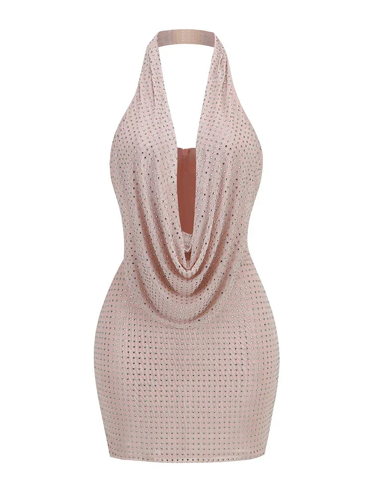 Sexy Halter Neck Low Cut Diamonds Mini Nude Party Dress image 7