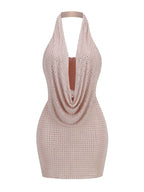 Sexy Halter Neck Low Cut Diamonds Mini Nude Party Dress image 7