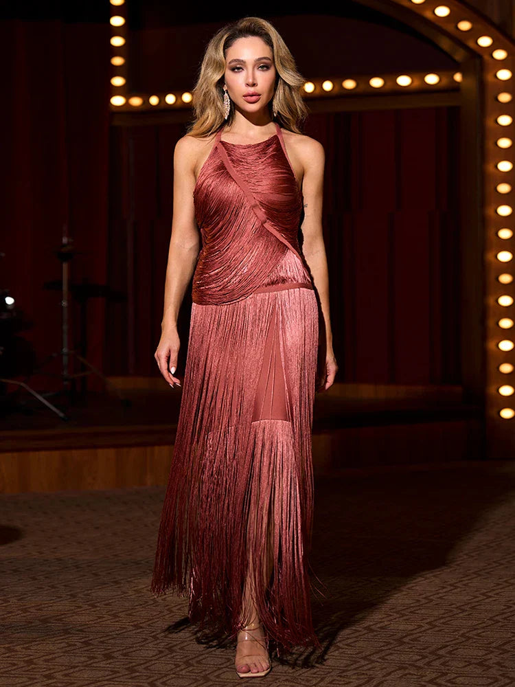 Sexy Halter Sleeveless Tassel Patchwork Bandage Dress Backless Fringe Party Dress image 1