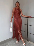 Sexy Halter Sleeveless Tassel Patchwork Bandage Dress Backless Fringe Party Dress image 4