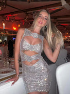 Sexy Luxury Diamonds 3D Flowers Mini Dress Sleeveless Cut Out Sparkly Party Dress image 1